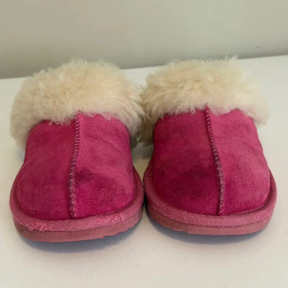 UGG Cozy II Suede Slippers Kids 2 Pink Shearling Fur Lining Winter Warm 1019065K